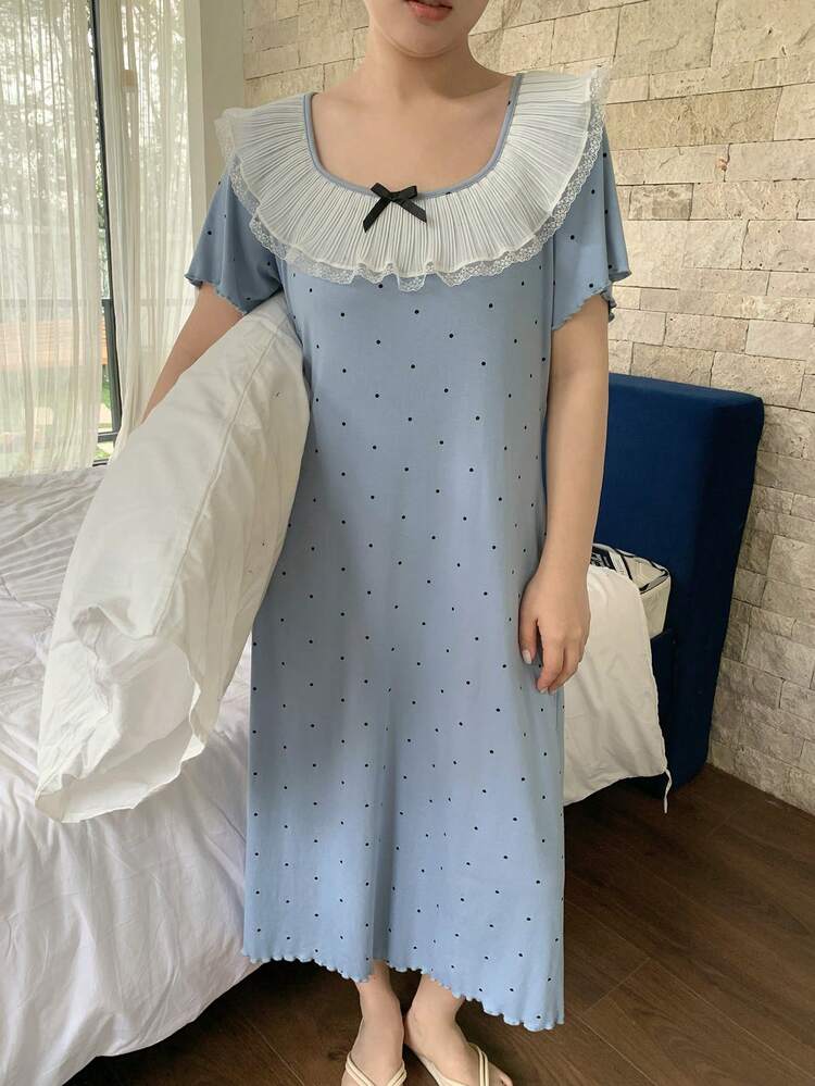 Dazy Plus Fashionable Polka Dot Contrast Color Frill Trim Casual Long Sleeve Nightgown For Girls