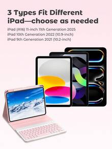 Teckwe Keyboard Case With Pencil Slot For IPad  Case With Tablet Keyboard, Detachable Rechargeable BT Wireless, Stand Cover, PU Leather, Pink - Pink - View 3