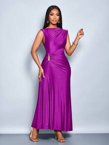 SOLERSUN 女士优雅纯色金属装饰修身秋冬连衣裙，适合日常通勤、购物、派对、聚会等场合。 - 紫色 - 查看 6