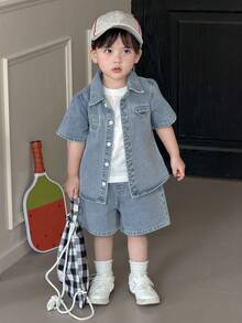 DAZY Bộ 2 món áo sơ mi và quần short denim cổ bẻ cho bé trai, thích hợp cho mùa hè. - Màu xanh lam - Xem 5