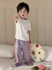 DAZY 2pcs/Set Toddler Boys' Casual Round Neck T-Shirt And Striped Pants Comfortable Pajamas - White - View 9