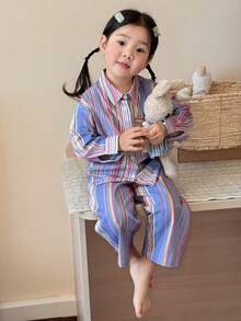 DAZY 2件套幼儿女童休闲圆领T恤和条纹裤舒适睡衣 - 彩色 - 查看 5