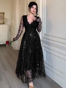 DAZY Đầm midi ren thanh lịch, eo ôm, thích hợp cho các dịp trang trọng, đám cưới, tiệc tùng, đi làm, đầm hè/xuân. - màu đen - Xem 5