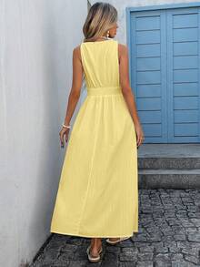 Vivid Eden Women's Vacation Casual Solid Color V-Neck Sleeveless Dress Women Vacation Dress - Pale Yellow - View 2