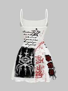 ROMWE Anime 暗黑恐怖暗黑魔法少女之眼火焰蜘蛛蜡烛标语书法印花女装 - 黑色 - 查看 2