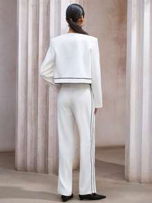 Aveloria Modichic Bộ đồ công sở thanh lịch dành cho nữ, màu trắng, cổ tròn, tay dài, phối màu tương phản, gồm áo khoác dáng rộng và quần ống đứng dáng rộng, phối màu tương phản. - trắng - Xem 2