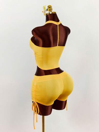Amplova 2pcs Yellow Heart Sexy Backless Ruched Drawstring Detail Crop Top & Wide Waistband Sexy Set