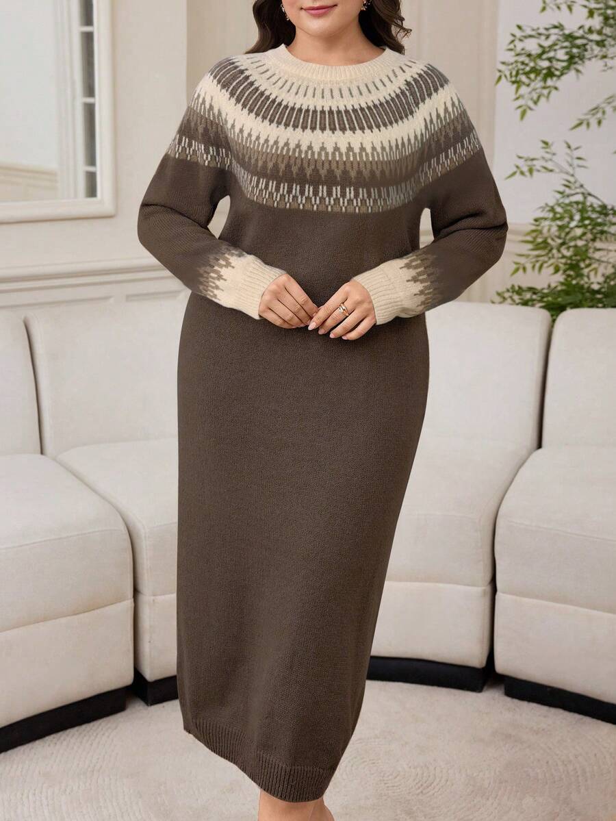 Modelyn 大码休闲宽松复古极简针织毛衣连衣裙 - 咖啡棕 - 查看 1