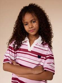 SUMWON Tween Striped Polo Dress Short Sleeve Collared Button Placket Horizontal Stripe Pattern Casual Knee Length Summer Spring Dress Vacation - Pink - View 4