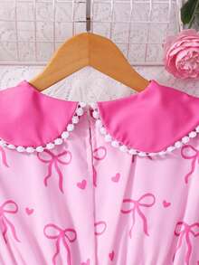 Girls' Peter Pan Collar Elastic Puff Sleeve Short Sleeve Dress, Cinched Waist, Cute & Sweet, Digital Print Mid-Length Children Dress, Princess Dress - Pink - View 4