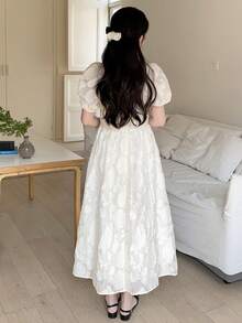 Đầm xòe dáng suông màu mơ trơn, chất liệu lưới, tay phồng khoét eo, cổ tim, thanh lịch, kiểu dáng đồng quê, phù hợp cho tiệc tùng, ăn trưa, thường ngày, hẹn hò, hoặc làm phù dâu. - Màu be - Xem 2