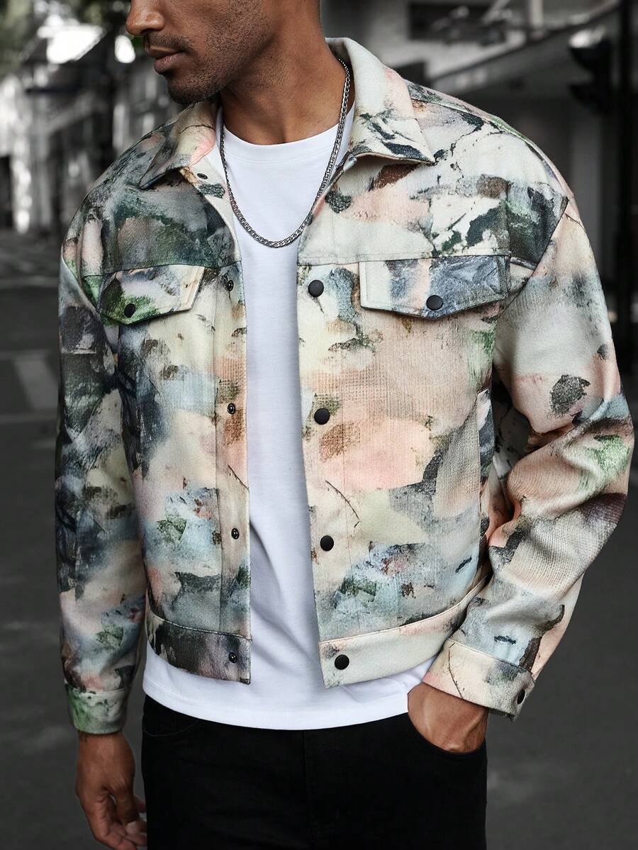 Manfinity Homme Men's IN Street Style Vintage Colorful Printed Open-Door Barrel Fake Pocket Long Sleeve Jacket ,Button Up Jacket ,Camo Cargo Jacket ,Men Jacket ,Fall And Winter Men Clothes - Multicolor - View 1