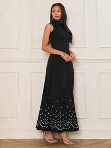 Lilora Women's Black Knitted Long Flared Skirt With Elegant Crystal Bead Geometric Detailing And Zipper - Black - View 4
