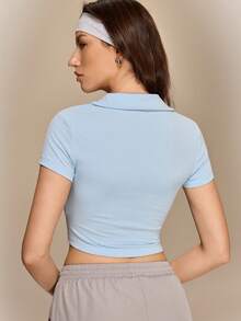 Hanevo Áo sơ mi lửng dáng ôm, màu trơn, kiểu dáng thường ngày, thích hợp cho mùa hè. - Màu xanh nhạt - Xem 2