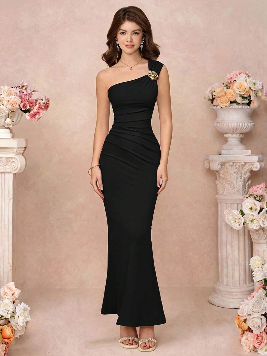 Pitira Teen Girl Black Elegant Fitted One-Shoulder Dress Black Elegant Dress Long Black Dress One Shoulder Dress Pleated Dress - Black - View 1