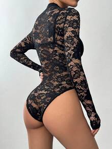 SHEIN PETITE Casual Versatile Black Lace Bodysuit, Spring/Summer - Black - View 2