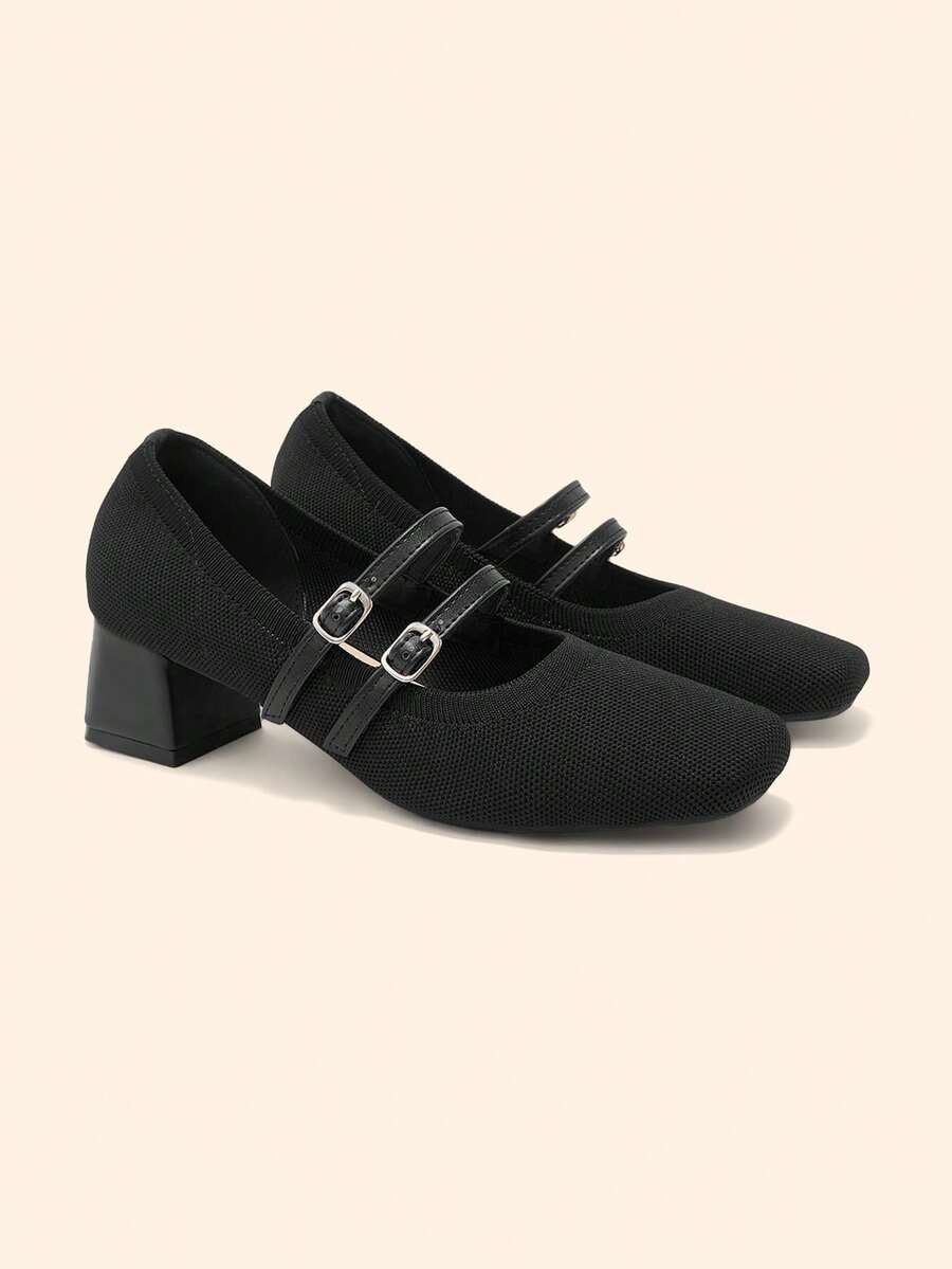 CUCCOO BASICS 女士方头搭扣设计时尚日常穿搭粗跟高跟鞋 - 黑色 - 查看 1