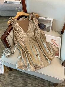 GlowEve CURVE Áo kiểu không tay thanh lịch dành cho nữ cỡ lớn, cài cúc phía trước, đường may vai, thắt nơ, chất liệu vải ánh kim. - Vàng - Xem 6