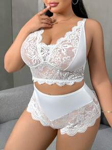 SHEIN 2pcs Plus Size Lace Patchwork Lingerie Set - White - View 1