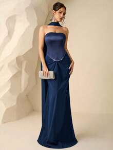 Coutiva Women's Elegant Rhinestone Decor Fish Tail Hem Fitted Formal Evening Gown With Neck Tie Navy Blue Elegant Dress Blue Strapless Dress Dark Blue Dress Blue Cocktail Dress Dress With Pearls Dress With Rhinestones Valentines Dress Elegant Dress Sequin Dress Floral Dress  Graduation Ceremony, School Opening, Music Festival, Birthday Party, Wedding, Afternoon Tea Gathering, Ball - Navy Blue - View 6
