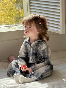 DAZY Baby Girl Plaid Long Sleeve Top And Pants Pajama Set Toddler Girls Clothes - Blue - View 4