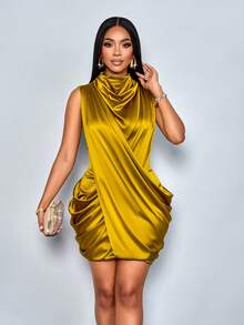 SOLERSUN Váy ngắn xếp ly cổ nhún màu trơn thời trang dành cho nữ - Màu Mù tạt vàng - Xem 7