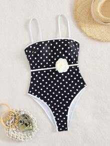 Swim Chiccia 女士可拆卸肩带波点印花连体泳衣，优雅简约设计，舒适透气，花卉装饰，适合派对、夏季度假和游泳。 - 黑與白 - 查看 8