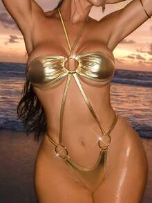 Swim SXY Women's Sexy Hollow Out One-Piece Swimsuit, Elegant Vacation Chic Minimalist Party Wear, Metallic Fabric, Suitable For Spring Break, Christmas - Gold - View 4