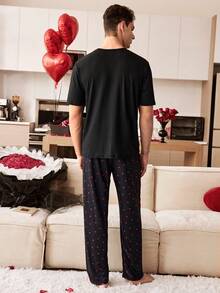 SHEIN Men's Ribbed Heart Print Short Sleeve & Pants Casual Pajama Set - Black - View 3