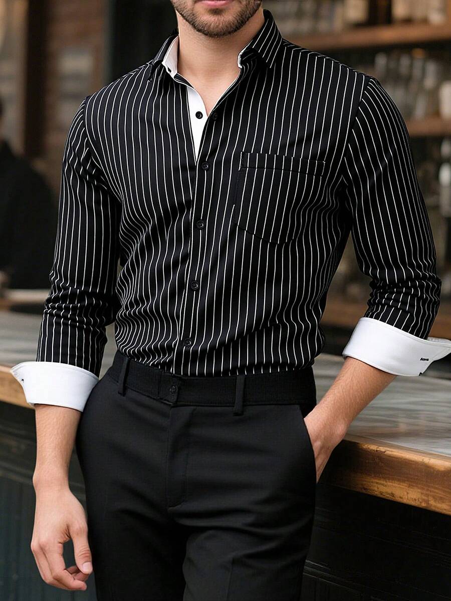 Manfinity Bizformal Casual Striped Front Button Long Sleeve Shirt - Multicolor - View 1