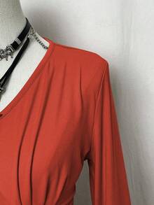 SHEIN Unity Women's Casual Solid Color Ruched Waist Long Sleeve T-Shirt - Orange - View 5