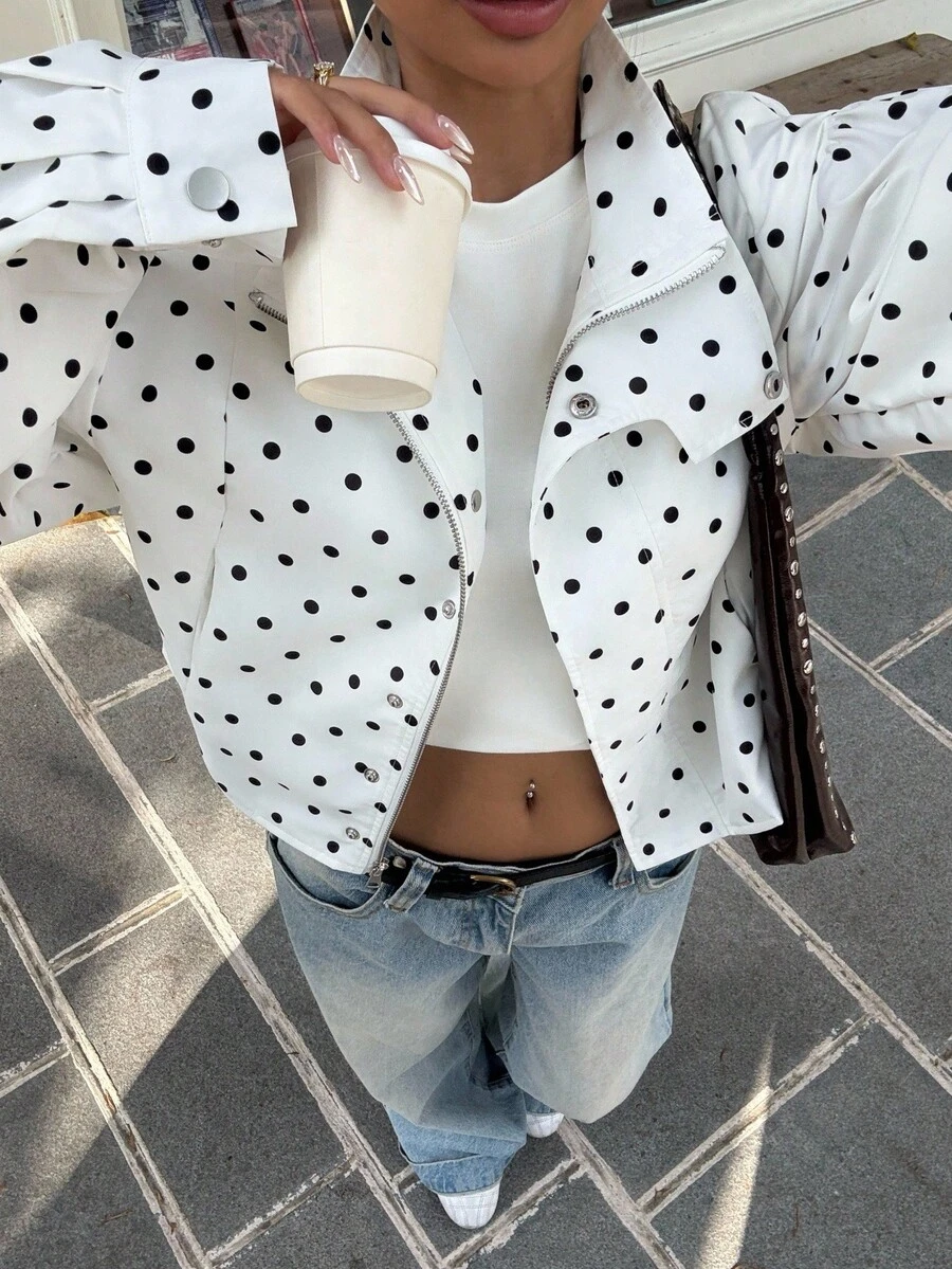 Muchica 大码波点休闲百搭通勤约会长袖外套，春夏款 - 黑與白 - 查看 1