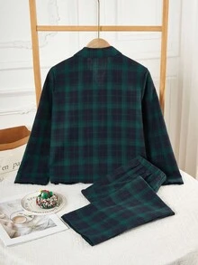 2 件男童休闲经典格子衬衫和裤子套装，长袖家居服 - 綠色 - 查看 2