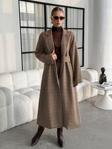 Lavishia Abrigo largo de lana a cuadros para mujer de otoño/invierno con cintura ajustable, elegante prenda exterior, de moda, adecuado para ir al trabajo y uso al aire libre en invierno, estilo Japandi - Caqui - Ver 9