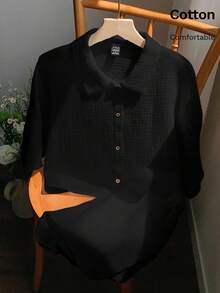 SHEIN EZwear 2件組大尺碼黑色純色落肩紋理布料前扣休閒襯衫與短褲套裝，春夏季女款棉質兩件套套裝 - 黑色 - 查看 4