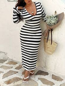 Sunnyshic Plus Size Fashionable Casual Striped Backless Tie Strap V-Neck Dress - Apricot - View 5