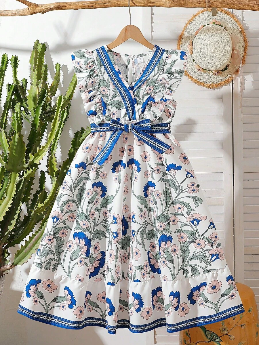 Vintaside Kids 1件女童碎花印花V领无袖高品质修身连衣裙,夏季 - 彩色 - 查看 1
