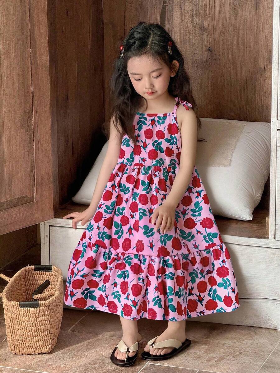 Elladie kids Genkimix 女童印花优雅时尚舒适蝴蝶结装饰吊带中长连衣裙 - 玫紅色 - 查看 1