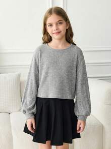 SHEIN Tween Girl Student Clothes, Lantern Sleeve Basic Style, Back To School, Opening Ceremony, Daily Wear, School, Travel, Sports, Winter - Light Grey - View 10
