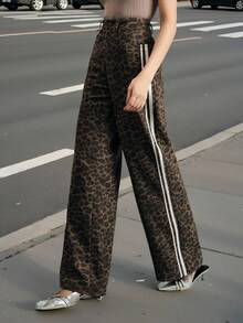 Anewsta بنطلون نسائي كاجوال فضفاض بقصة مستقيمة الساق مع شريطين وطبعة نمر عتيقة - بني - مشاهدة 3