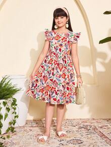Vestido de verano vintage con estampado floral, manga corta, volantes y lazo en la espalda para niña preadolescente - Multicolor - Ver 4