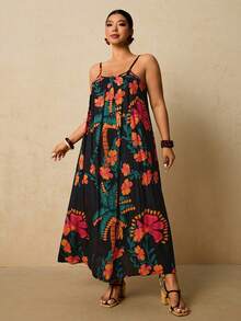 Travachic 大码女式黑色热带花卉印花连衣裙，无袖宽松版型，带口袋 - 黑色 - 查看 5