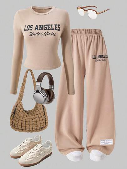 Sparklyn New Spring/Autumn Set For Tween Kids (European And American Style): INS-Inspired American Retro Set With LA Letter Print Slim Fit Long-Sleeve T-Shirt Paired With High-Waisted Wide-Leg Sweatpants; Y2K Street Style Casual Sporty Two Pieces Set For Girls And Big Kids Aged 8-14; Stylish And Versatile Outfit In Khaki For A And Chic Look.