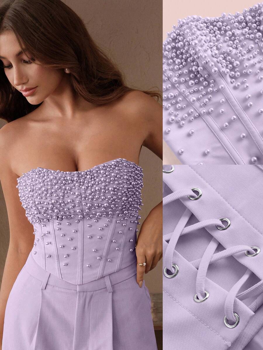 Anewsta Áo crop top bodycon đính cườm thanh lịch, sang trọng và sành điệu, thích hợp cho năm mới, Giáng sinh, đi chơi, mùa đông - Màu tím - Xem 1