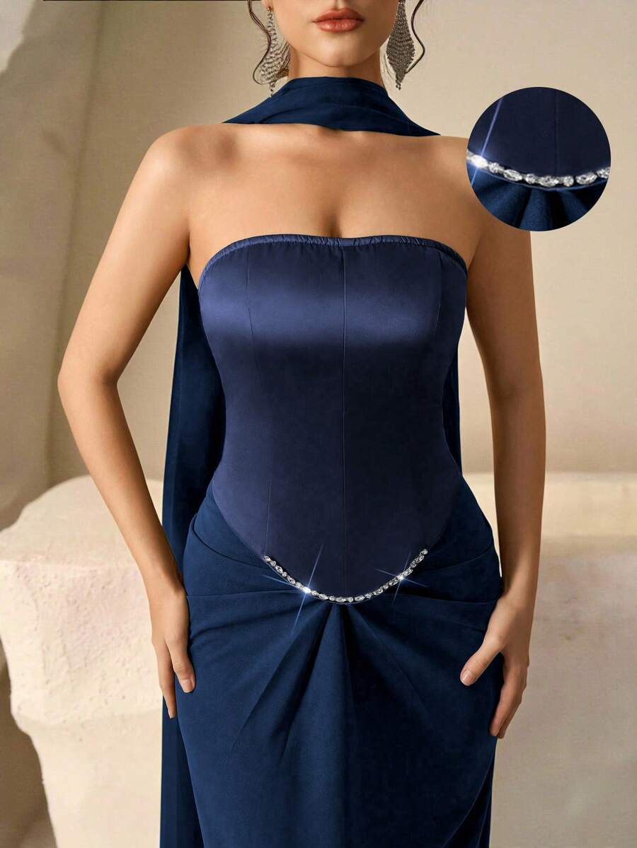 Coutiva Women's Elegant Rhinestone Decor Fish Tail Hem Fitted Formal Evening Gown With Neck Tie Navy Blue Elegant Dress Blue Strapless Dress Dark Blue Dress Blue Cocktail Dress Dress With Pearls Dress With Rhinestones Valentines Dress Elegant Dress Sequin Dress Floral Dress  Graduation Ceremony, School Opening, Music Festival, Birthday Party, Wedding, Afternoon Tea Gathering, Ball - Navy Blue - View 1