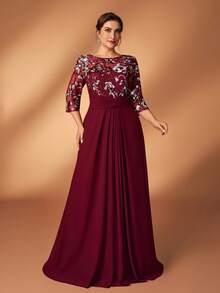 Serin Abito elegante e romantico in vino rosso con maniche a 3/4, in chiffon di lusso con perline e vita arricciata a vita, adatto per matrimoni, feste, celebrazioni, abiti da sera formali, madre della sposa - Bordò - Visualizzare 6
