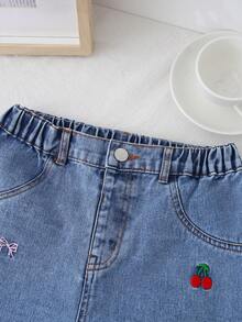 Girls' Y2K Straight Leg Jeans, Spring/Autumn New Arrival, Blue Washed, Cute Cherry Blossom & Bow Embroidery, Distressed Design, Casual Loose Fit, Elastic Waist, Versatile For Daily, Party, School, Travel, Commute, 25 Autumn New Collection - Medium Wash - View 4