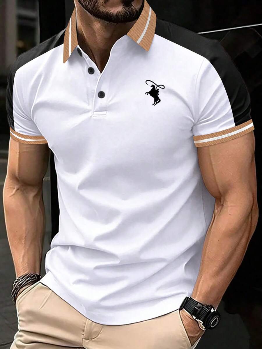 Calvornis 男士騎士印花休閒百搭通勤短袖 Polo 衫 白色高爾夫球衫 正式款 - 白色 - 查看 1