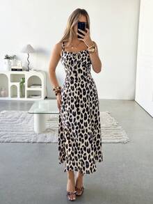Siren Gaze 女士豹纹系带开衩设计时尚度假派对中长吊带裙春季穿搭女士春假穿搭长款夏季连衣裙女士夏季穿搭女士沙滩裙女士生日穿搭女士休闲连衣裙女士度假穿搭女士豹纹连衣裙 - 彩色 - 查看 5