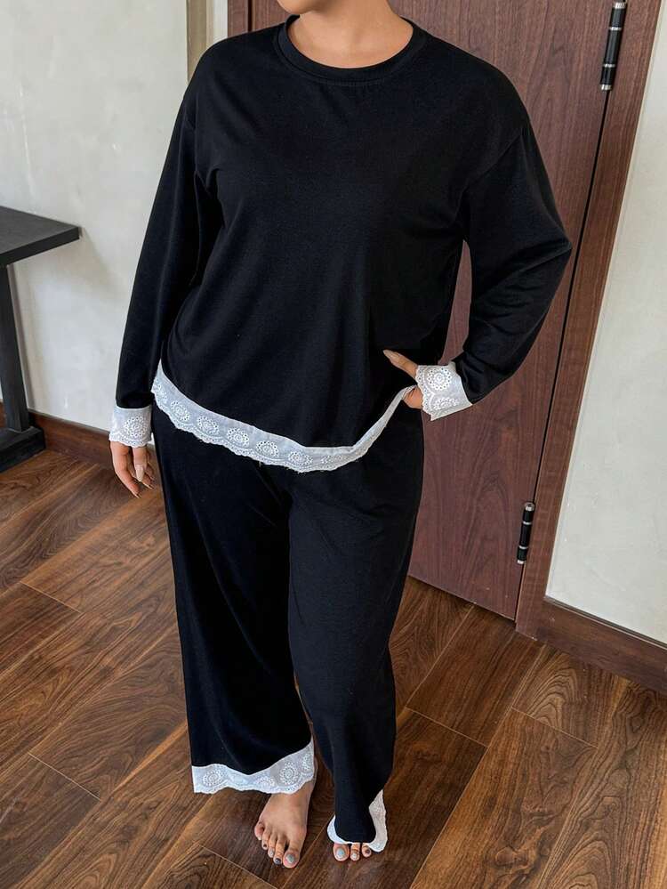 Dazy Plus Plus Size Women Casual Pajama Set With Contrast Color Contrast Lace, Loose Long Sleeve Top And Straight Pants, Spring/Summer/Autumn